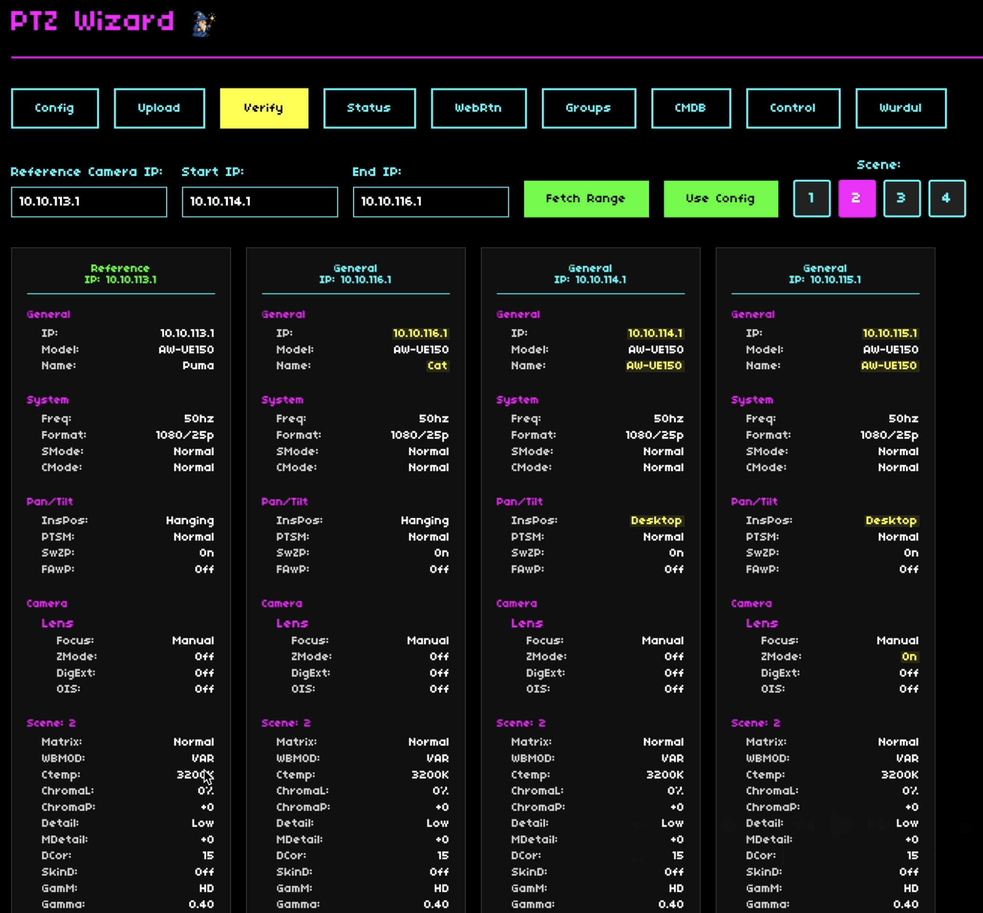 PTZ Wizard multi-camera comparison interface